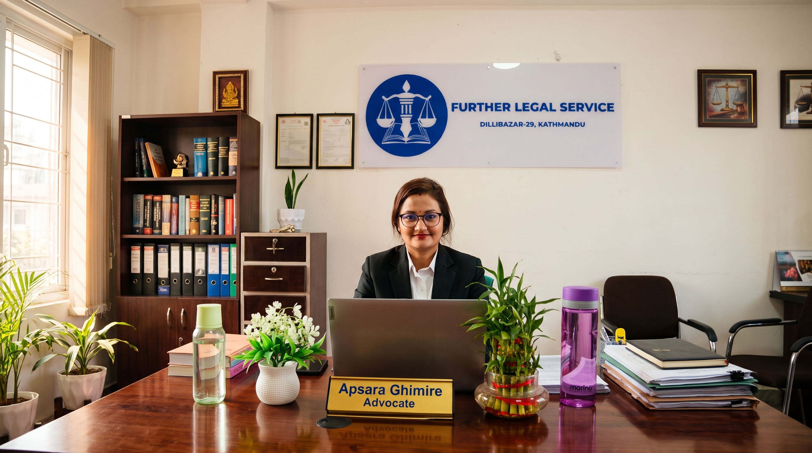 Advocate Apsara Ghimire at her desk in the Further Legal Service office
